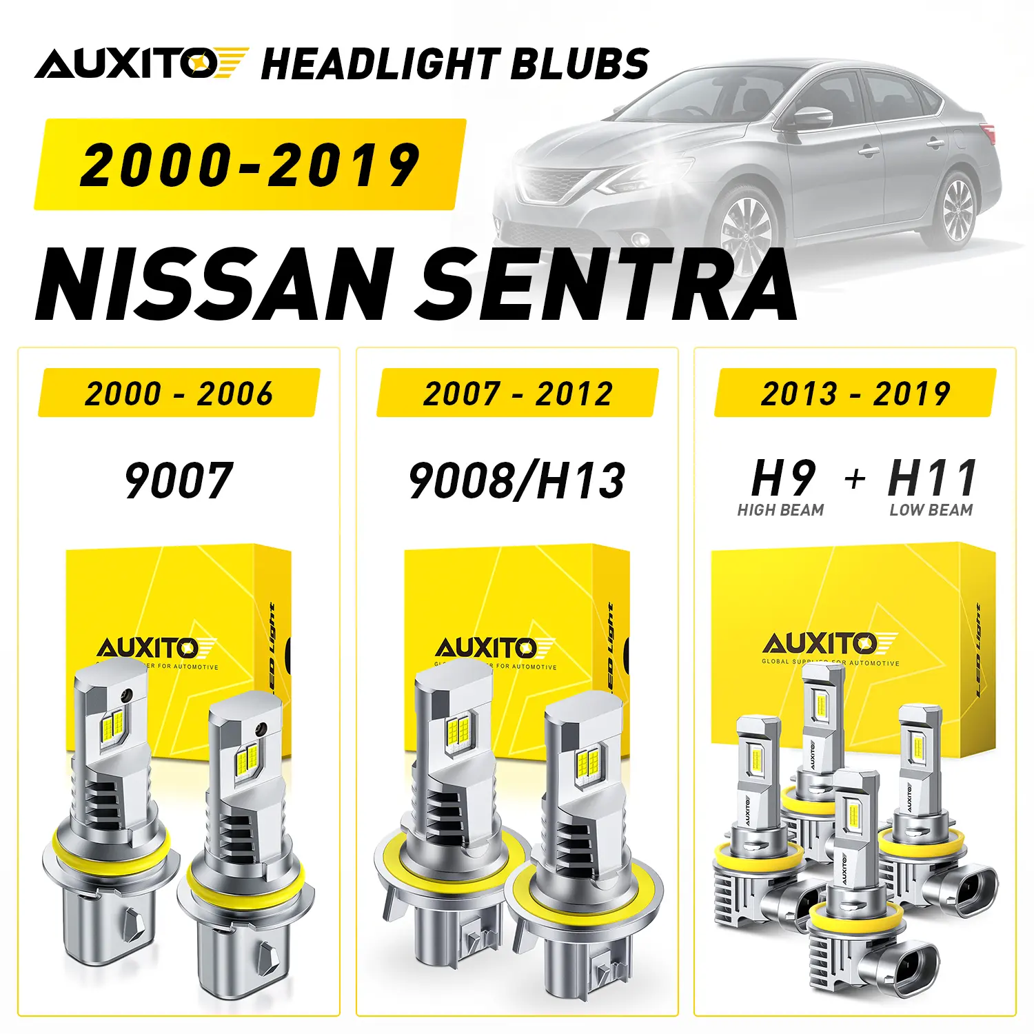 2000-2019 Nissan Sentra AUXITO LED Headlight Bulbs,9007 Headlight (2000-2006),9008/H13 Headlight (2007-2012),H9 High Beam & H11 Low Beam (2013-2019), 30000LM 6500K Cool White, Anti-glare,CANBUS Ready,No error,No Flickering, Plug and Play