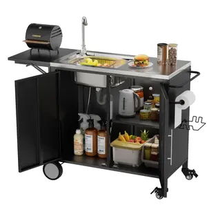 Outdoor Grill Table with Sink, Metal Worktable Kitchen Cabinet Island with Foldable Top and Storage Cabinet, Rolling Grill Cart with Wheels for Garden, Backyard and Lawn