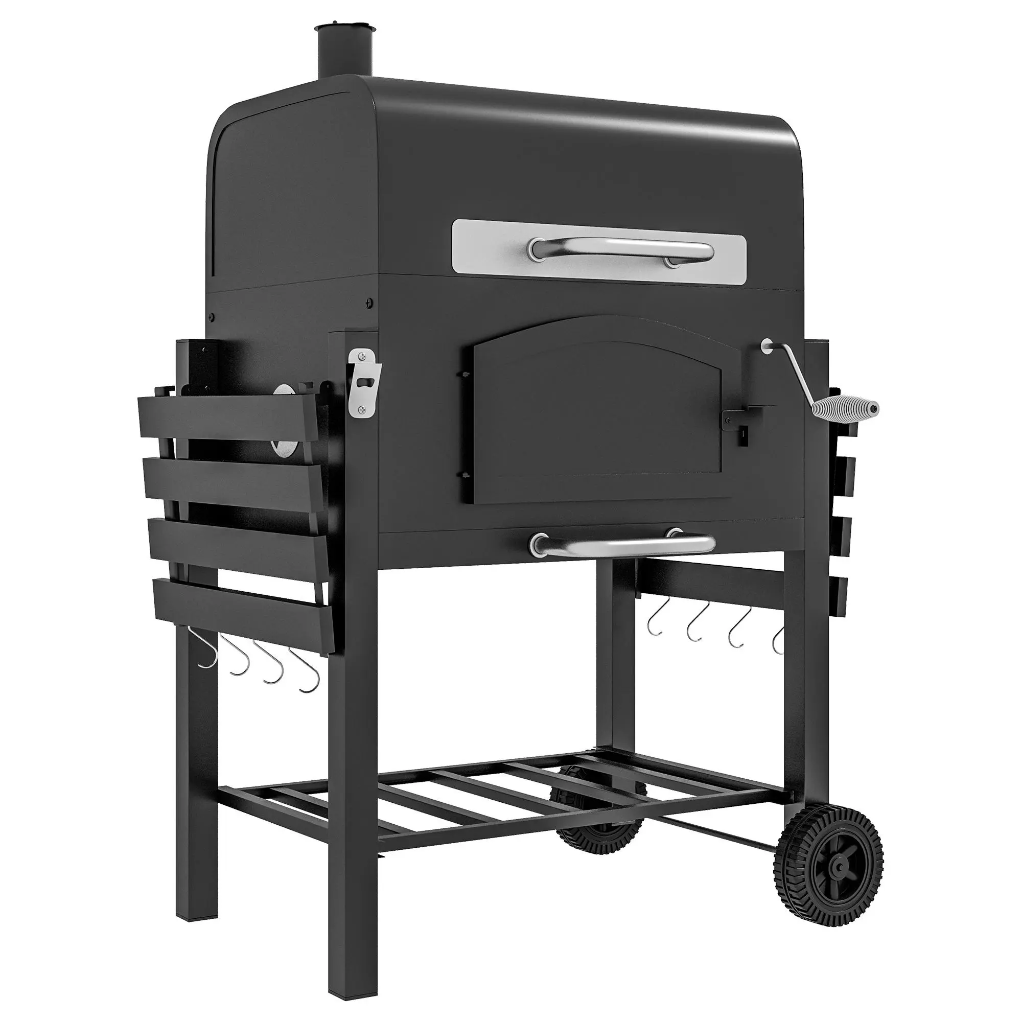 Outsunny Square Rotating Charcoal Grill-Smoker Combo with Adjustable Height, Folding Shelves, Thermometer, Bottle Opener, Wheels, Ash Rack - Portable BBQ Grill for Outdoor Camping, Patio, Square Charcoal Grill