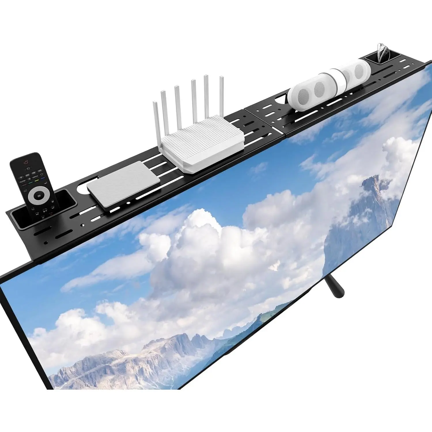 TV Top Shelf, Adjustable Monitor Shelf with 2 Storage Boxes, Stitchable Floating TV Stand Holds Up to 5.5lbs for Speaker, Media Boxes, Game Console, Router Shelves 34.65×4.3'' (TSH004-2B), Black