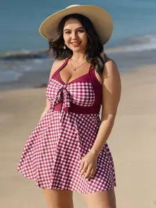 【Summer Turn-Up】【Tummy control】BlOOMCHIC Plus Size Gingham Print Color Contrast Swim Dress [1x-6x] 2026 Summer Pick for Mother's Day