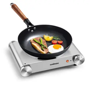 Electric Hot Plate 1500W Single Burner Cast Iron Hot Plates for cooking Portable Stove Electric Burner with Adjustable Temperature Control Silver Stainless Steel Non-Slip Rubber Feet