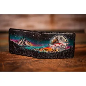 Handcrafted Leather Bifold Wallet - Bigfoot on UFO with Moonlit Mountains and Aurora Borealis - Cryptid and UFO-Inspired Wallet
