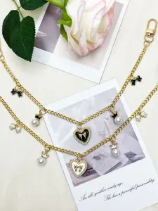 Heart Bow Pearl Bag Chain Extenders, Purse Accessories, Gold Curb Chain Charms with Bow & Pearl Charms, Sweet Coquette Bag Decoration Keychain, Girly Bag Pendant for Tote & Handbag, Available in White/Black, Ideal for Girls & Romantic Style Lovers
