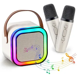 Mini Karaoke Machine with 2 Wireless Microphones,-Portable Mini Karaoke Machine with 2 Wireless Microphones, Kids Karaoke Speaker Sound System, Ideal Birthday Gift for Children Ages 4-12, for Family Party, Outdoor & Travel Use
