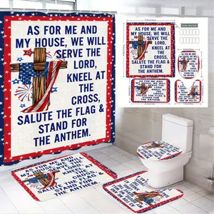 4pcs Patriotic Rustic Bathroom Set with Shower Curtain, Wooden Cross, American Flag, The floor mat fabric is thicker and softer! Fireworks, Inspirational Text, Matching Rugs & Accessories