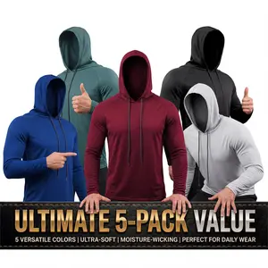 【5 Packs】 Men's Hooded Workwear Solid Color Sun Protection Fishing Shirts with Face Mask - Long Sleeve UV Protection Hoodie Athletic Sports Clothing Athletic Apparel