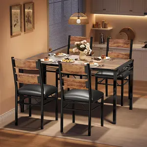 Garvee Dining Table Set for 4, Dining Room Table Set for 4 with Corner Protector, Wood Kitchen Table and Chairs Set of 4 with Upholstered Chairs for, Kitchen Room, Apartment, Retro Brown