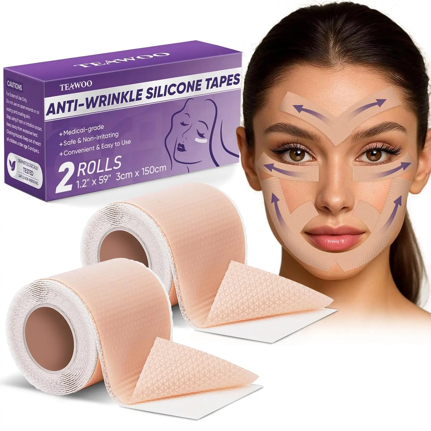 Anti Wrinkle Silicone Face Tape, Reusable Wrinkle Patches for Face, Forehead & Smile Lines, Overnight Facial Smoothing Tape, Silicone Face Mask Strips, 2 Rolls, 1.2" x 59" Each