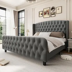 GAOMON 51" Tall Queen Size Bed Frame with Deep Button Tufted Wingback Headboard and Footboard, Velvet Upholstered Platform Bed Frame, No Box Spring Needed, Easy Assemble, Grey