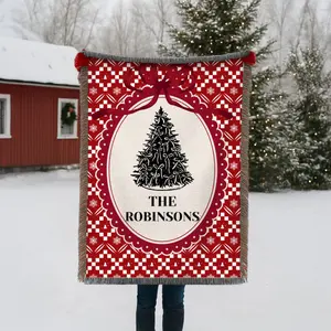 Personalized Christmas Tree Woven Blanket Custom Family Name Throw 100% Cotton Cozy Heirloom Design with Fringed Edges and Visible Threads