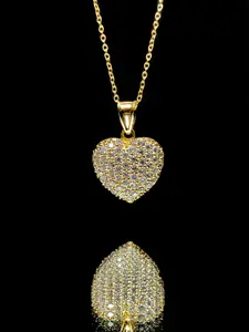 Womens Minimalist CZ Heart Necklace Girls - Cable Link Chain 17" for Everyday Wear Use - Elegant Casual Charm Perndant 17x16mm