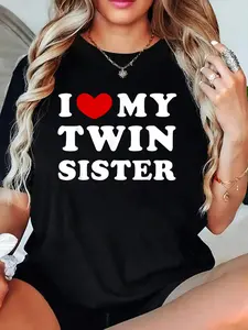 100% Cotton I Love My Twin Sister, I Heart My Twin Sister T-Shirt Graphic Tee Women Tops, Summer Short Sleeve Women T-Shirt Clothing