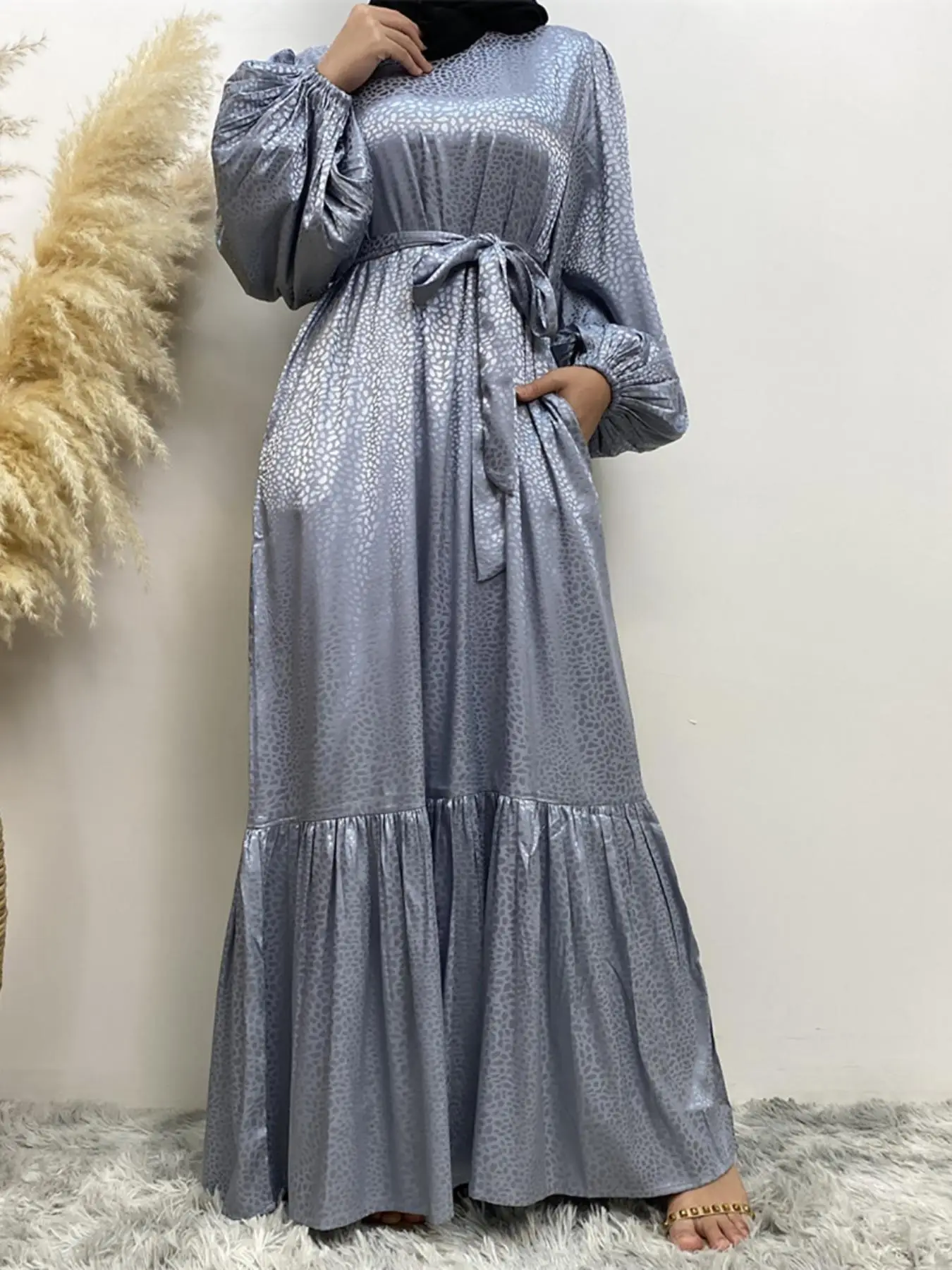 Women's Solid Belted Ruffle Hem Lantern Sleeve Dress, Modest Long Sleeve Round Neck A Line Dress for Party Wedding Guest, Ladies Summer Islamic Clothe