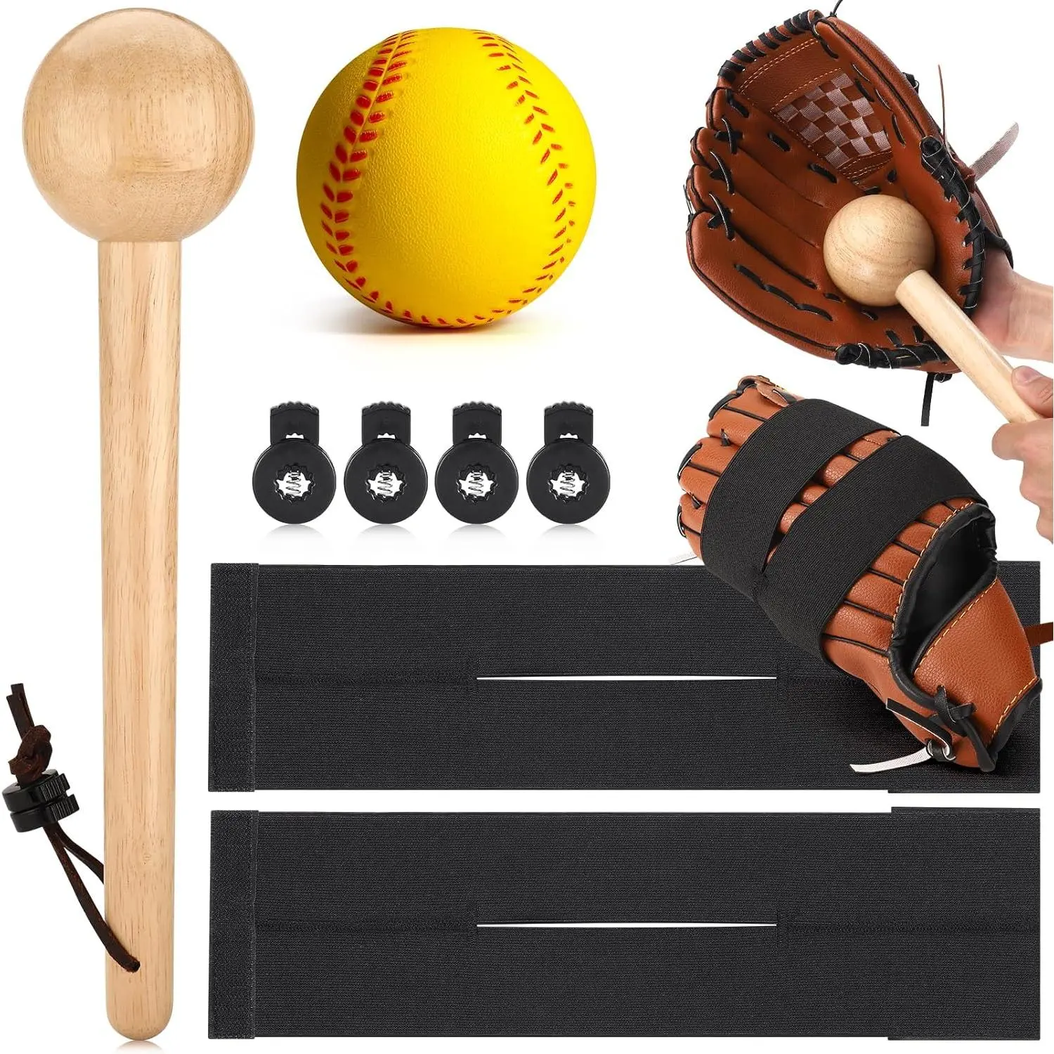 10PCS Baseball Glove Break-In Kit - Mallet, Wooden Hammer, Mitt Shaper, Wrap Band, Practice Ball, Locks - Baseball Equipment for Adult Catchers