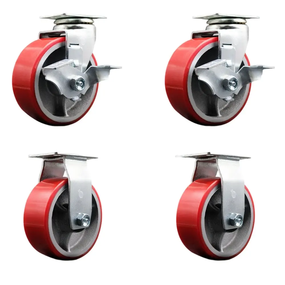 Service Caster SCC-20S520-PUR-RS-TLB-2-R-2 Heavy Duty Swivel & Rigid Plate Caster Set, Red - 5 in. x 2 in. Polyurethane-on-Cast Iron Wheel with Roller Bearing, Lockable Swivel Wheels, Lockable Wheels
