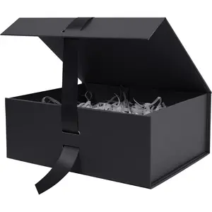 Large Black  Box with Ribbon, 11.5x8.6x4.1 inch Groomsman Proposal Box for Presents with  Closure , Rectangle Collapsible Luxury Box for Wedding, Christmas, Halloween, Birthday