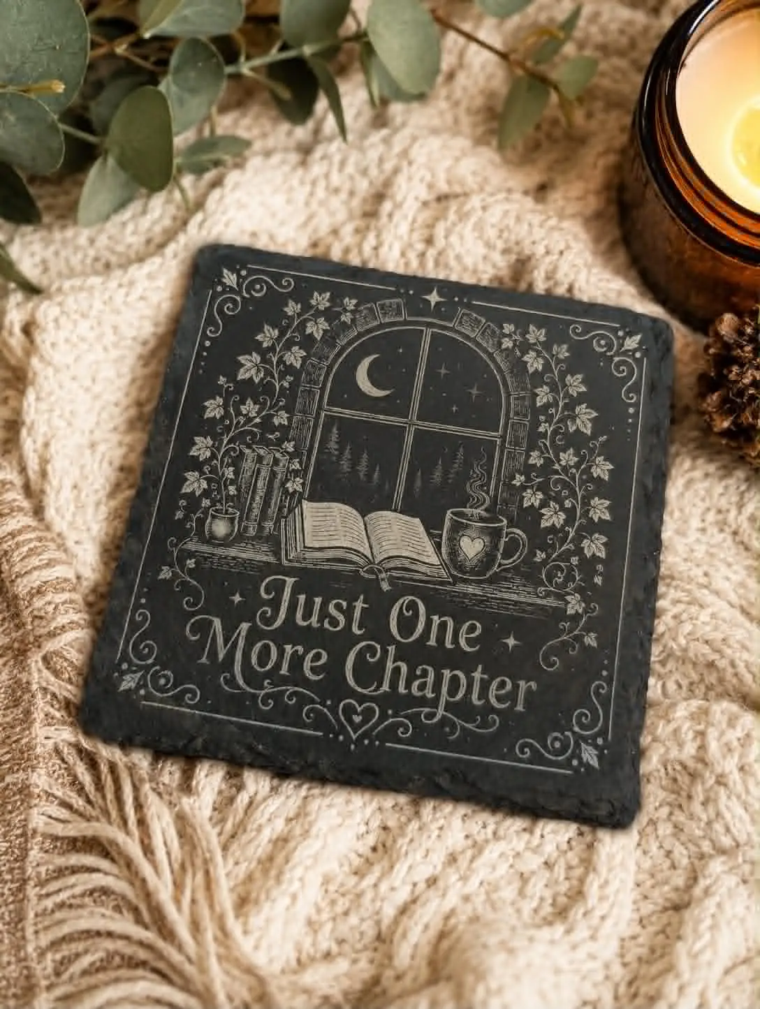 Just One More Chapter Slate Coaster | Book Lover Gift | Reading Coaster | BookTok Decor | Cozy Reader Gift, Natural Slate, Laser Engraving