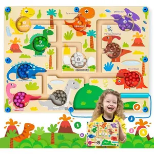 Christmas Magnetic Color & Number Maze Montessori Counting Learning Puzzle Board – Dinosaur Wooden Magnet Maze Game, Toddler Fine Motor Skills Travel Toy for Boys & Girls Ages 3 4 5