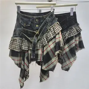 Distressed Denim Mini Layered Skirt Plaid Patchwork Button Design Streetwear New 2025 Fall Irregular Y2k Jean Short Skirts