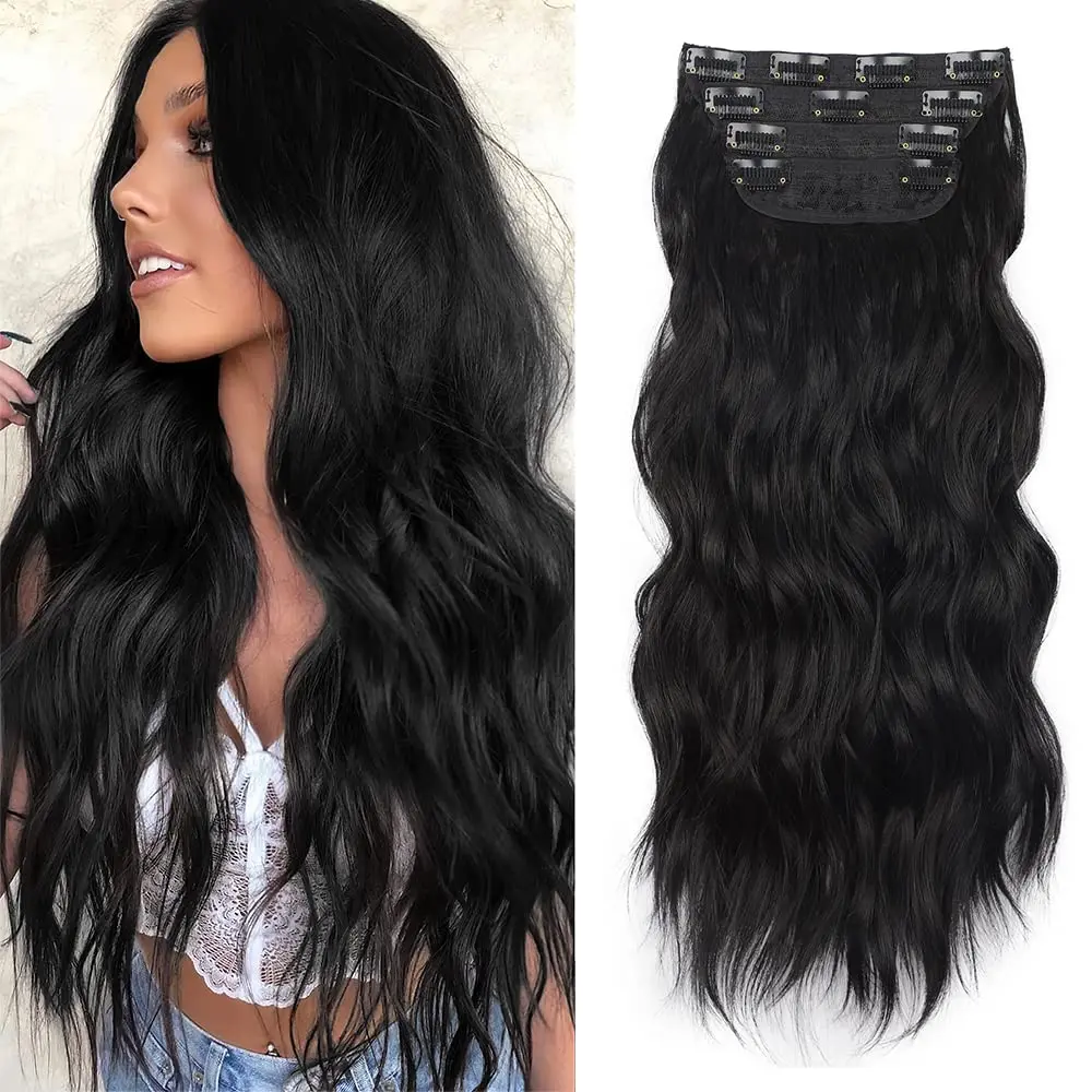 HMD Long clip hair extensions for Women, 4-Piece Straight Synthetic Set for Voluminous Hair, 20/24 Inch Thick Hairpieces
