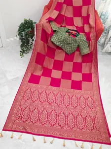 Deep Pink Pure Khadi Georgette Checks Saree with Antique Zari Border & Blouse