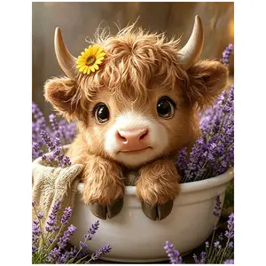 Cute Highland Cow Lavender Sunflower Diamond Art Kit - 11.8"×15.7"