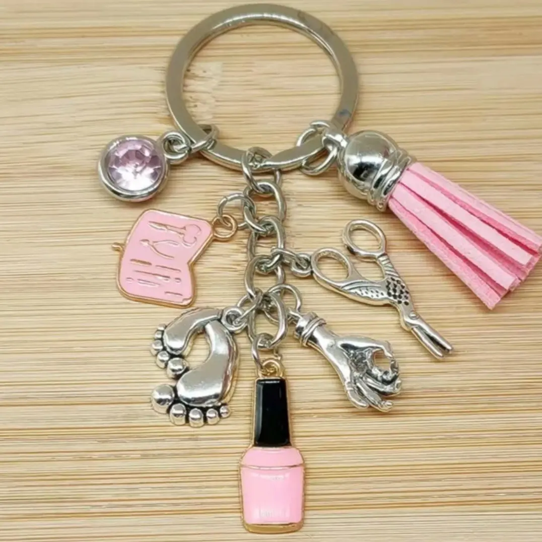 Pink Nail Artist Charms Keychain with Nail Polish Bottle, Nail Brush and Gemstone hello kitty