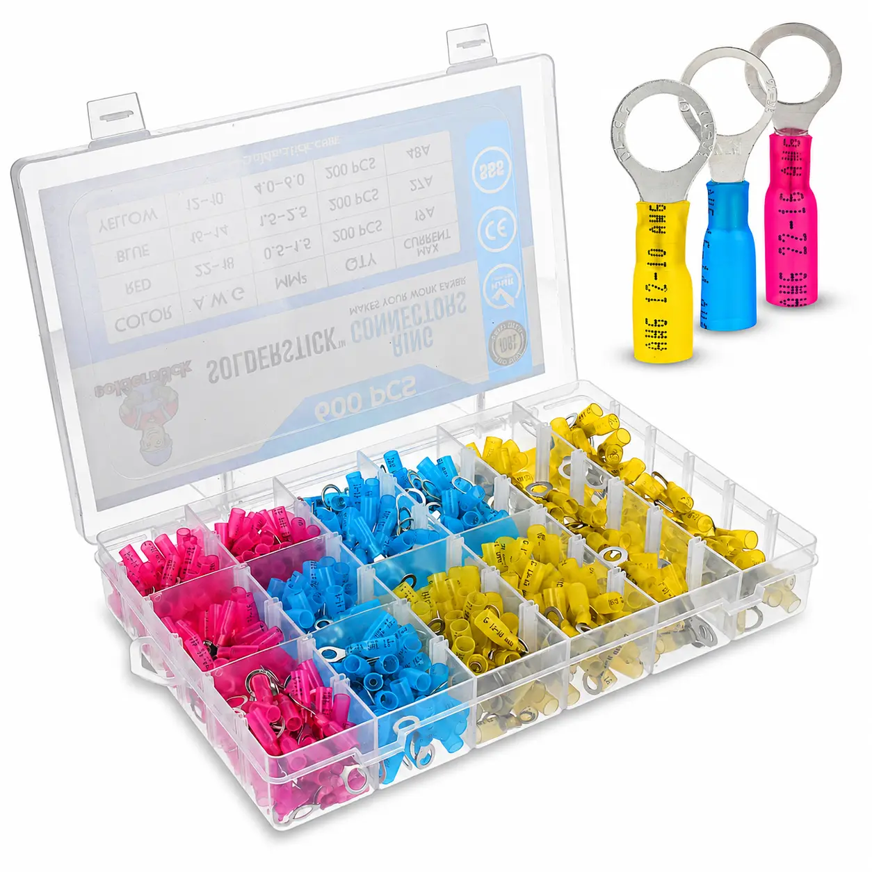 Solderstick Heat Shrink Wire Eyelet Ring Connector 300pcs Kit with Color-Coded Components and Clear Storage Box for Organized Wiring Solutions