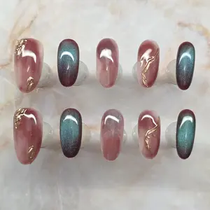 Handmade Purple Cat Eye Press On Nails: Mid Oval Shape