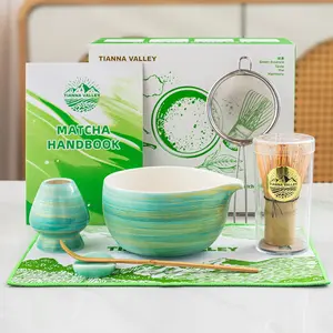 Matcha Whisk Set,7 Pcs Matcha Set Light Green,Matcha Kit for Ceremony,480Ml Ceramic Bowl(chawan) with Spout,Bamboo Whisk and Holder,Tradition Tea Set,Unique Gift