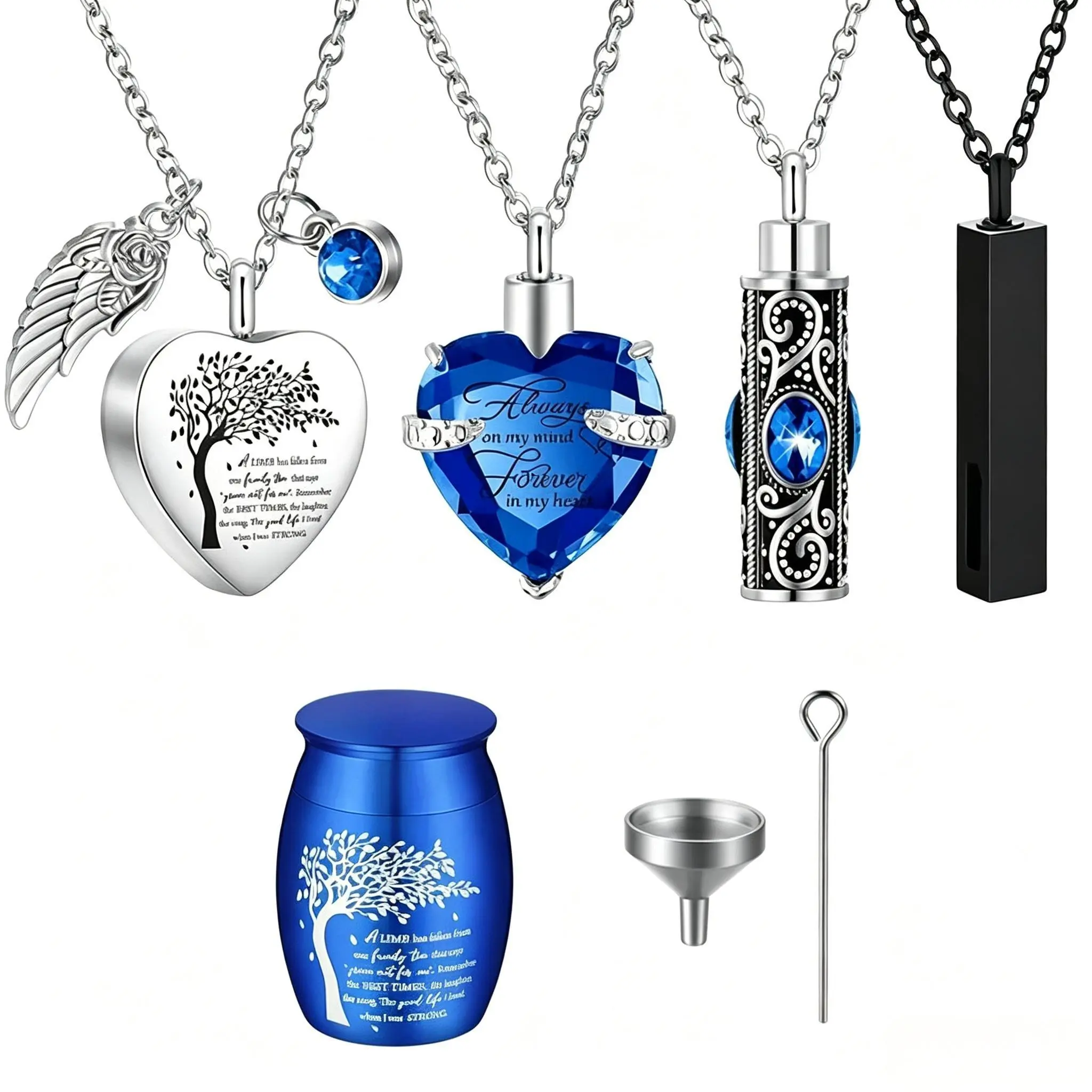 OIDEA 5-Piece Memorial Necklace Set, Stainless Steel Jewelry with Tree of Life & Crystal Hearts Pendants, Remembrance Keepsake for Ashes for Women Men, High-Purity, Unisex