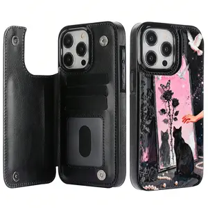 Pink Abstract Cat Looking in the Mirror Pattern Leather Card Holder Phone Case,Suitable for iPhone 17 Air/16 Plus/15 Pro Max/14 Pro/13/12/11/XS Max/X Phone Case,Perfect Gift for Thanksgiving and Christmas for Family, Friends, Lovers, Boyfriend, Girlfriend