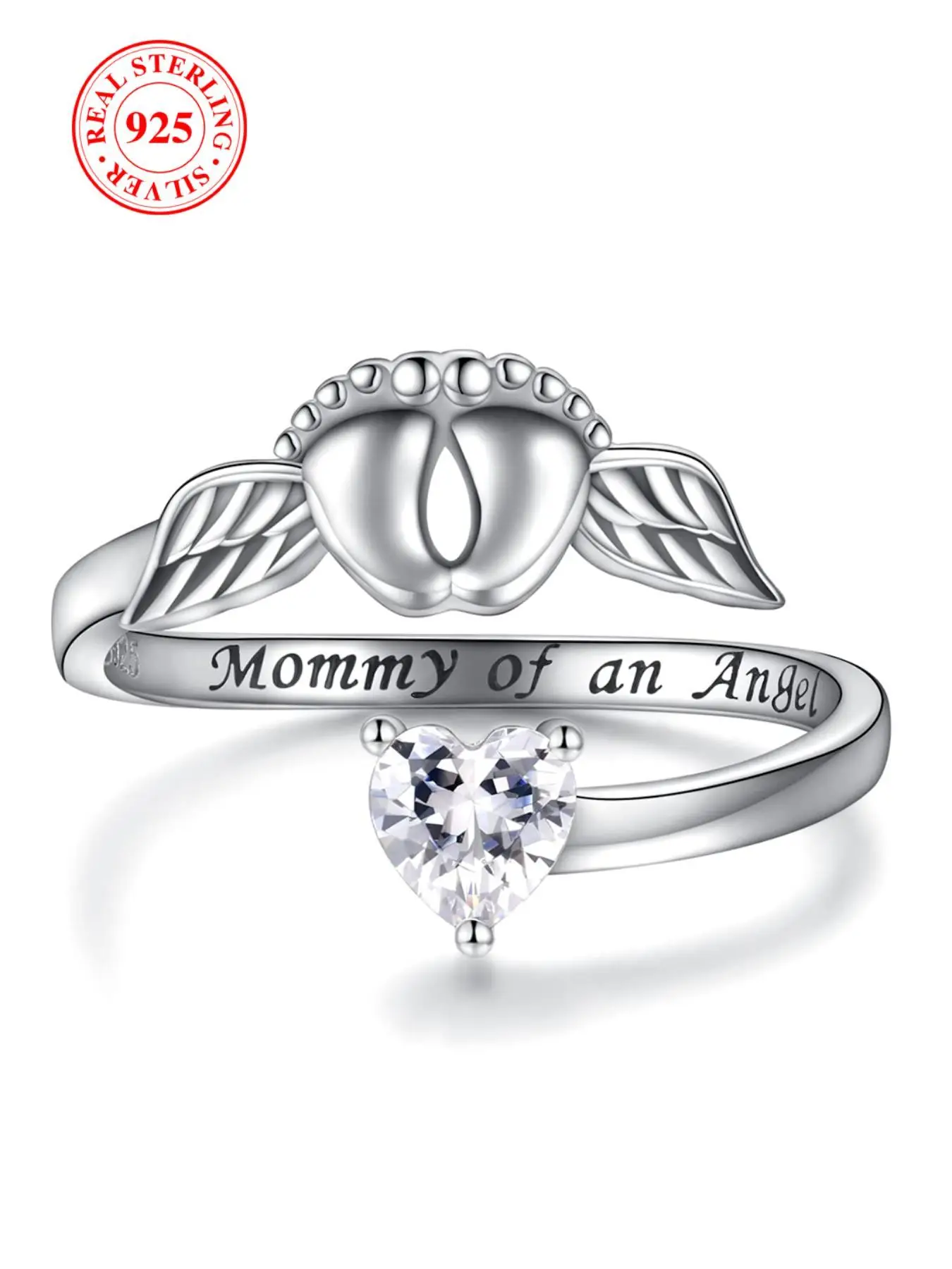 S925 Sterling Silver Mommy Of An Angel Ring, Heart & Angel Wing Design Rhinestone Decor Ring, Fashion Jewelry Accessories for Women & Girls
