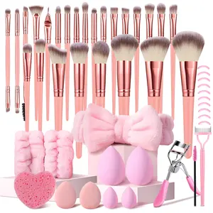 Portable Pink 39-Piece Makeup Brush Kit, Makeup Tools Set for Application - Includes 25Pcs Makeup Brushes for Foundation, Makeup Sponges, Wristbands, Headband, Finger Puffs, Cleaning Sponge, Eye Makeup Tools – Compact, Portable