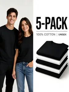 Men’s 5-Pack Premium 100% Combed Cotton Soft Round Neck Shortsleeve Tshirts, 180g Breathable Male Clothing, Shape-Retention Fabric, Reinforced Non-Deforming Neckline, Regular & Oversized Fits, Durable Blank Streetwear Bundle