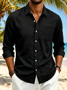 Men's Loose Fit Linen Shirt, Breathable Tropical Hawaiian Vacation Long Sleeve, Casual American Style, Summer Commute Top for Men
