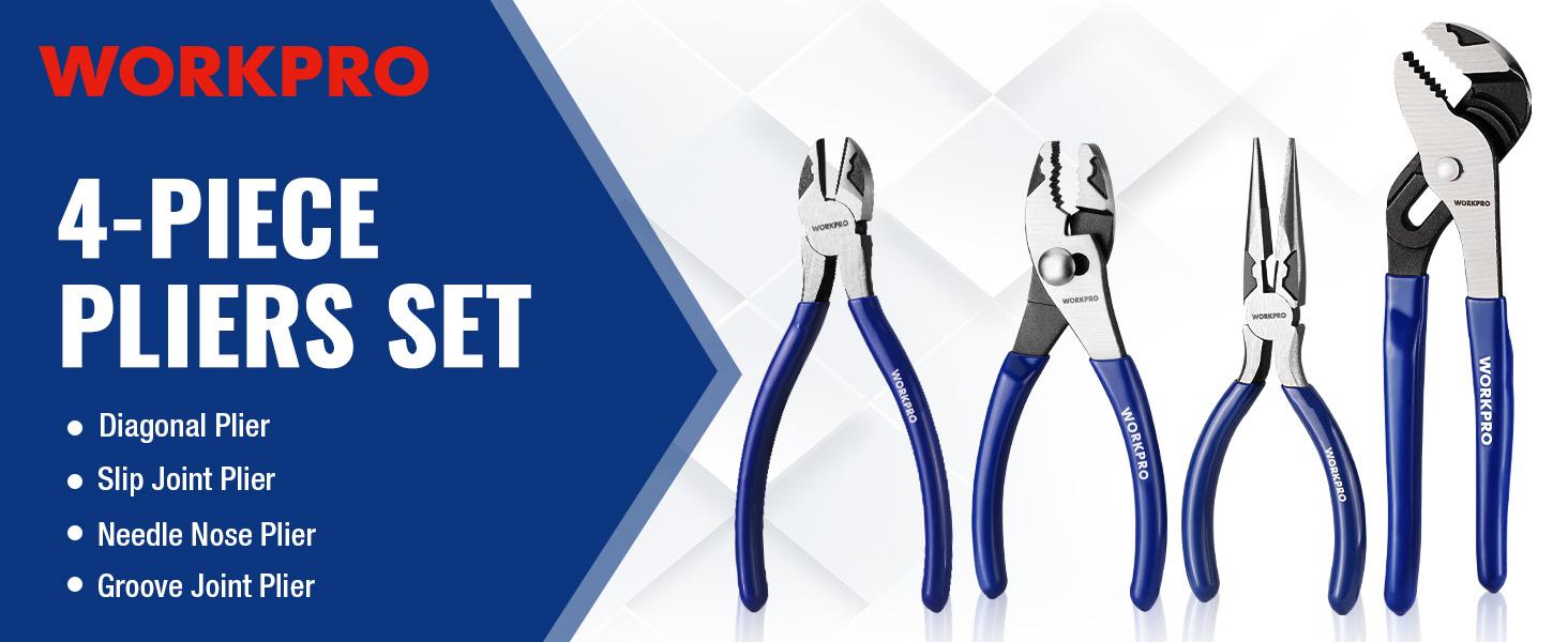 #backtoschool WORKPRO Pliers Set, Professional Hand Tool Pliers – 6" Needle Nose, 6" Slip Joint, 8" Groove Joint & 6" Diagonal Cutting Plier, for Home & Electrical Work