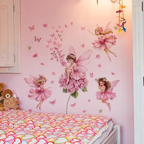 A set of 3 pieces (30*90cm*3pcs) pink butterfly fairy flower wall stickers for living room, bedroom, home background decoration, Butterfly Wall Decals, self-adhesive MS3301-YL
