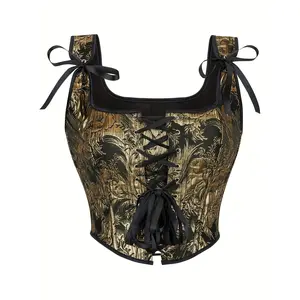 1pc Baroque Pattern Women's Corset Top - High Support Polyester Overbust with Cross Strapes, Punk Style Golden Metallic, Adult Fit Cowrie Savage x fenty