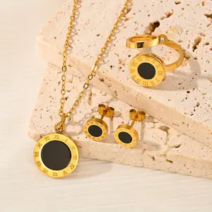 18K Gold-plated Stainless Steel Vintage Elegant Roman Numeral Black Circular Necklace Ring Earrings, Anniversaries, Valentine's Day, Mother's Day, Gifts for Women, Women's Set Jewelry