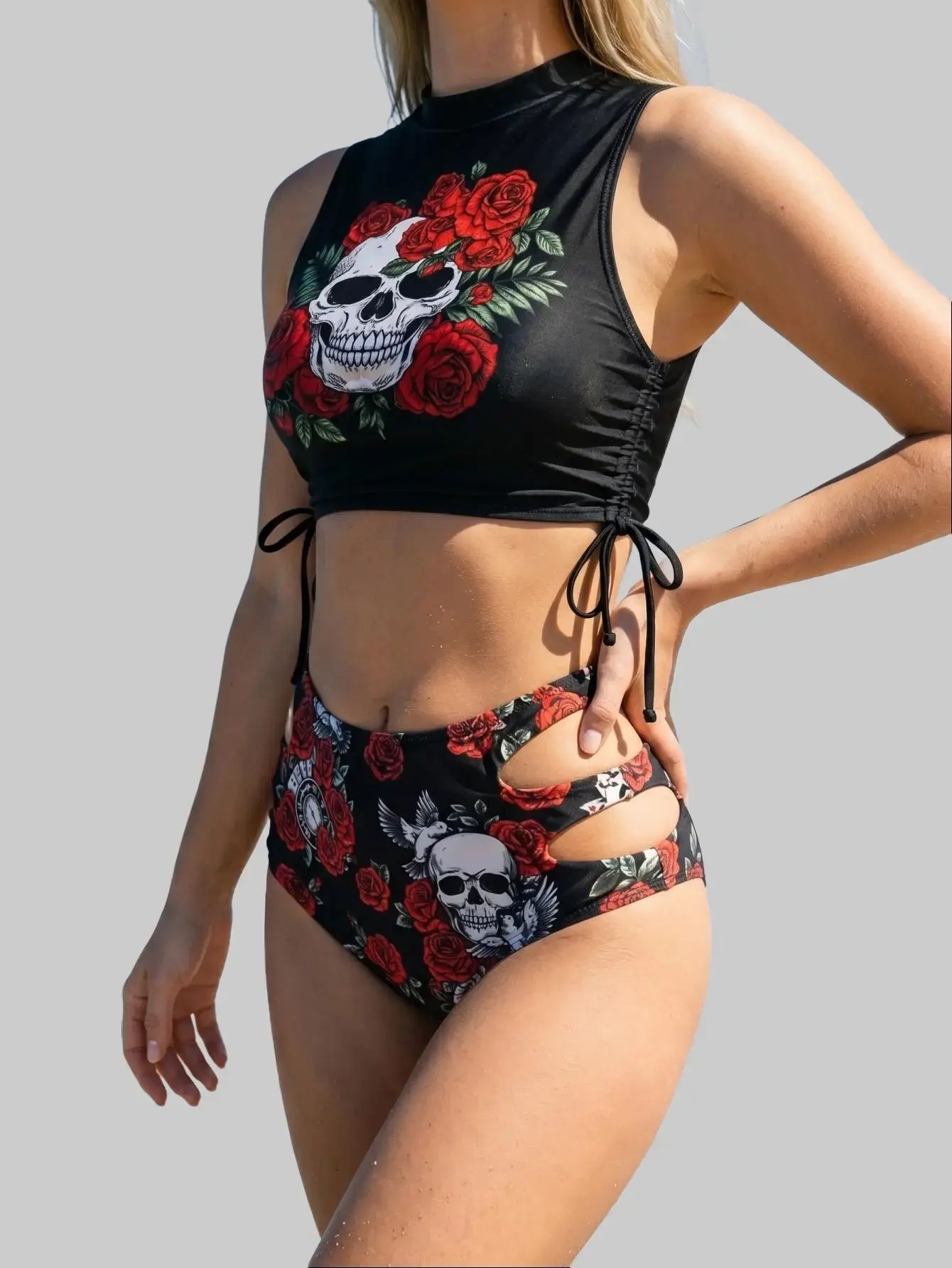 Goth Skull Rose Print High Neck Side Tie Cut Out High Waisted 2 Pieces Bikini Sets For Women Summer Beach