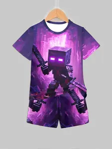 Gradient Minecraft Character Print Short Sleeve Shorts Set, Trendy Esports Casual Wear for Kids, Youth Kits