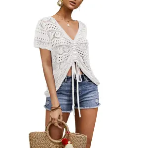 Women Crochet Top Beach Cloth Drawstring Short Shirt Cover Up Oversized Sexy Beachwear Lace Up Tee Poncho