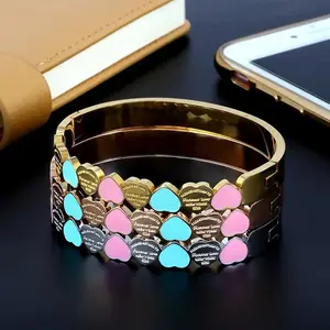 Heart Charm Cuff Bangles For Girls Stainless Steel Gold Plating
