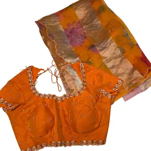 Reyavogue Womens Latest Pure Organza Orange Colour Saree With Stripes with Heavy Blouse