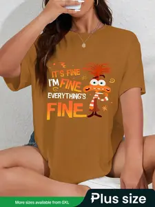 【Plus Size】cute summer outfits，Women's Casual Loose Fit Top, Vintage Cartoon & I'm Good Print, Round Neck Short Sleeve T-Shirt, Comfortable Fashion Tee