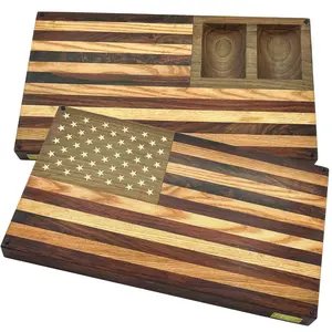 Organic Solid Wood Kitchen Cutting Board Walnut Oak & Indian Rosewood Reversible American Flag Design with Grip Handle Multi Functional Charcuterie Board Edge Grain Small