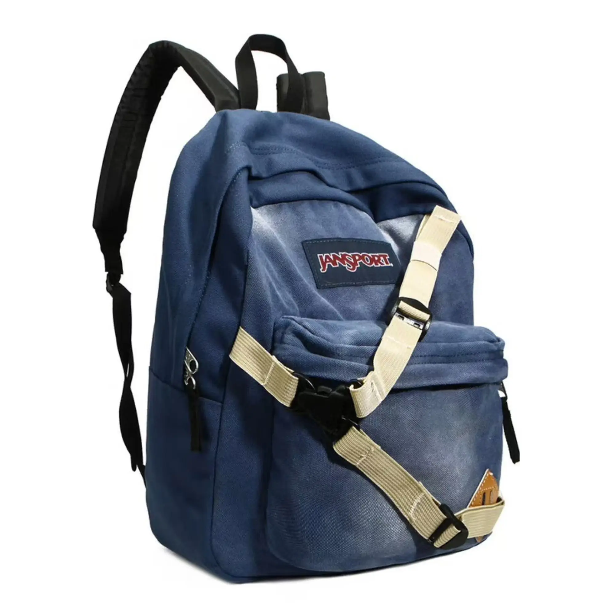 Jansport Vintage Washed Denim Canvas Backpack with Cross Chest Strap, Large Capacity Casual Daypack for School Travel Outdoor