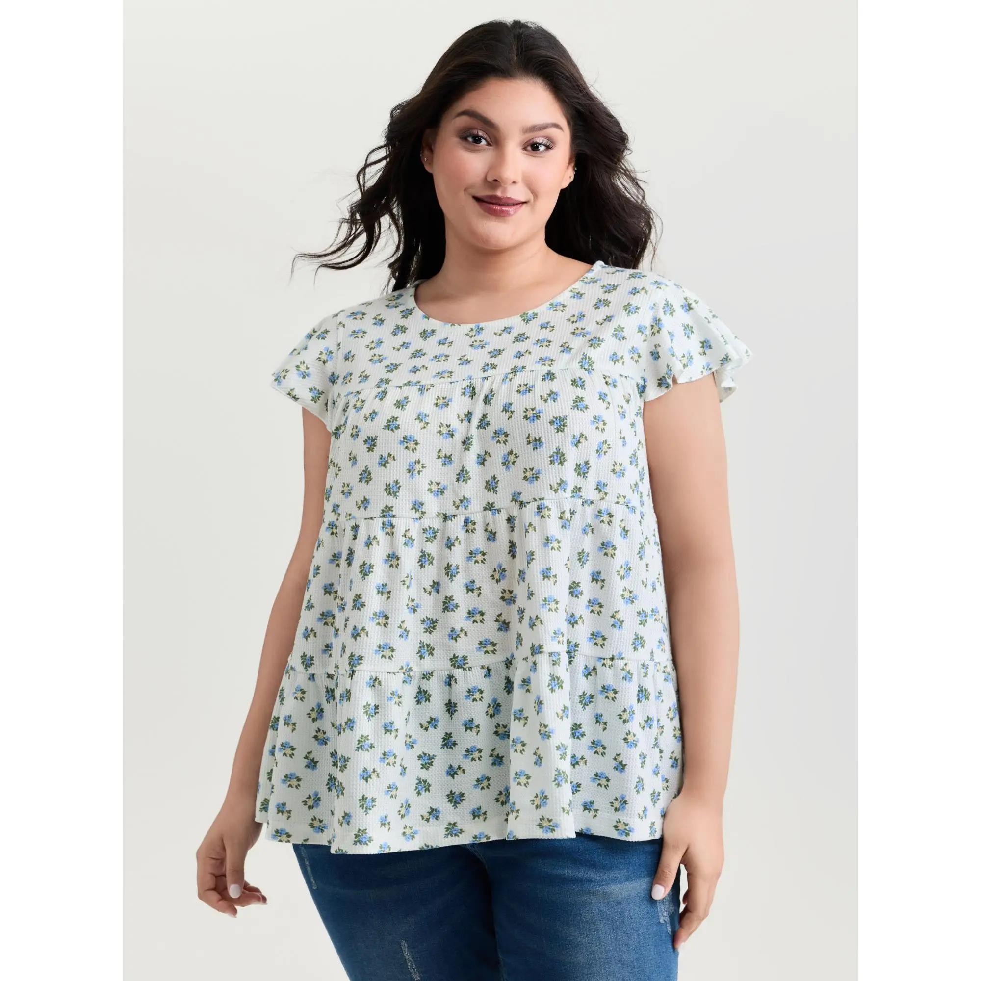 BloomChic Women's Plus Size Ditsy Floral Blouse with Ruffled Cap Sleeves, Tiered Design, and Simple Comfy Spandex Knit Fabric, Fit, Flowers, Polyester Blend, Round Neck, Regular Length, Breathable, Casual, Do Not Dry Clean, Garment, Everyday, Tops, Tiered